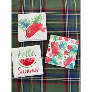 Painted Slate Summer Cork Backed Coasters Set‎ of 3 Watermelon Motif